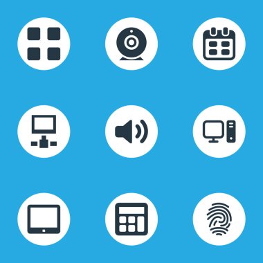 Vektör çizim basit aygıt simgeler kümesi. Cihaz, ses, küp ve diğer eş anlamlı Webcam ekleme öğeleri ekleme ve masaüstü.