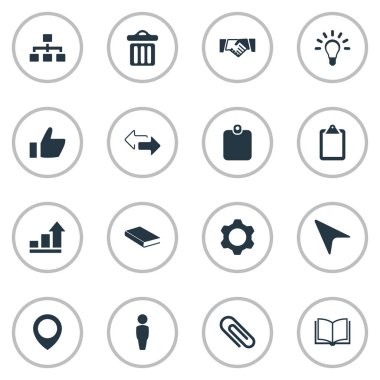 Vektör çizim basit etkileşim simgeler kümesi. Öğeleri not defteri, kişisel rozet, anlaşma ve diğer eş anlamlı kimlik, yaratıcılık ve büyüme.