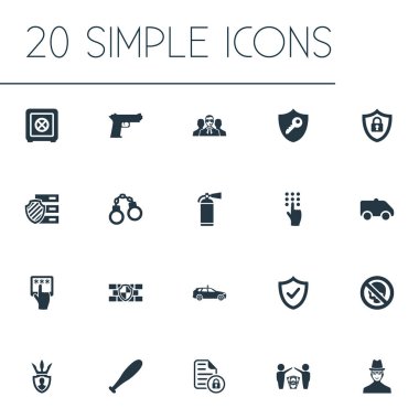 Vektör çizim basit emniyet simgeler kümesi. Öğeleri korumalı belge, tabanca, Ajan ve diğer eş anlamlı anahtar, zincir ve Müfettiş.