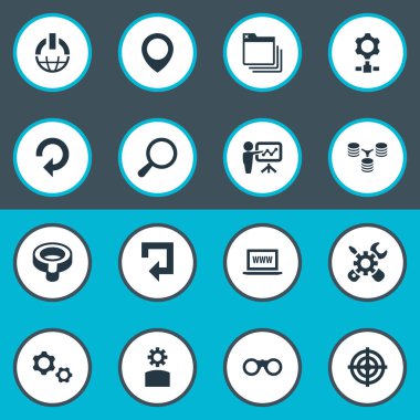 Vektör çizim basit Seo simgeler kümesi. Öğeleri arama, görme duyusuyla ilgili vınlamak, ayarı ve diğer eş anlamlı düğmesini Büyüteç ve Büyüteç.