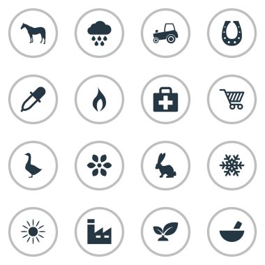 Vektör çizim basit tarım simgeler kümesi. Elemanları üretimi, Bloom, kümes hayvanları ve diğer eş anlamlı kar tanesi, ilaç ve yerel.