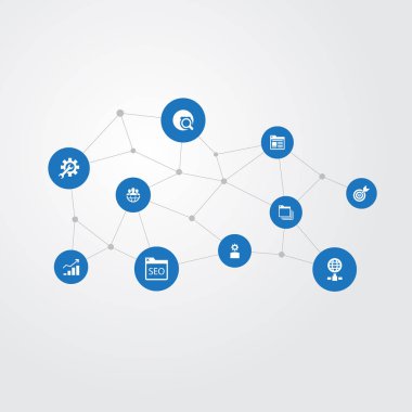 Vektör çizim basit Seo simgeler kümesi. Öğeleri tarayıcı, optimizasyon, büyüme ve diğer eş anlamlı personel dünya ve İngiliz anahtarı.