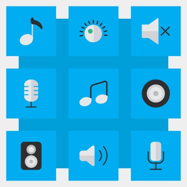 Vektör çizim basit Melody simgeler kümesi. Öğeleri kayıt, hoparlör, hoparlör ve diğer eş anlamlı ses gücü, denetim ve müzik.