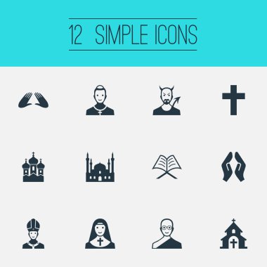 Vektör çizim basit din simgeler kümesi. Öğeleri Papa, Christian, şeytan ve diğer eş anlamlı iblis Camii ve Papa.