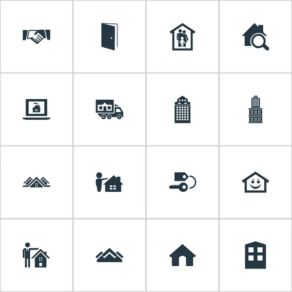 Illustrazione vettoriale Set di icone reali semplici. Elementi di costruzione, Cottage, porta aperta e altri sinonimi umano, stretta di mano e centro città . — Vettoriale Stock