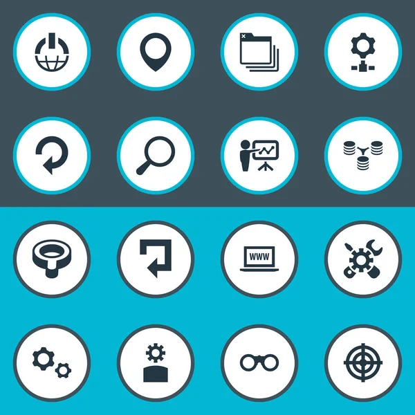Vektör çizim basit Seo simgeler kümesi. Öğeleri arama, görme duyusuyla ilgili vınlamak, ayarı ve diğer eş anlamlı düğmesini Büyüteç ve Büyüteç.