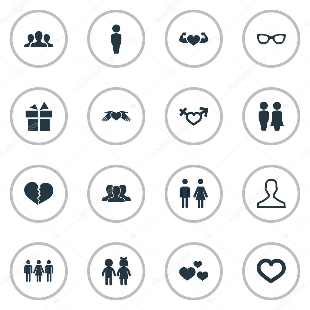 Vector Illustration Set Of Simple Couple Icons. Elements Heart In Hand, Spectacles, Lover Synonyms Broken, People And Spectacles.