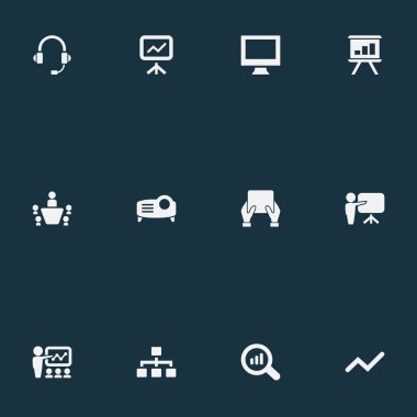 Vektör çizim basit simgeler kümesi. Öğeleri kulaklık, rapor, vektör ve diğer eş anlamlı projektör, yapı ve yönetim kurulu.