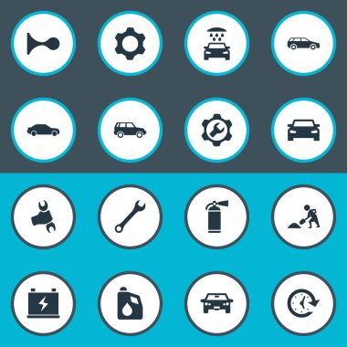 Vektör çizim basit araç simgeler kümesi. Öğeleri Spanner, Siren, saat ve diğer eş anlamlı otomatik uyarı ve araç.