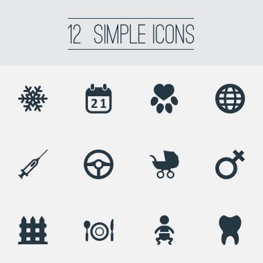 Vektör çizim basit ev simgeler kümesi. Öğeleri bebek, toprak, gümüş ve diğer eş anlamlı diş arabası ve kaşık.