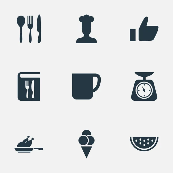 Vector Illustration Set Of Simple Food Icons (dalam bahasa Inggris). (Inggris) Elements Summer Fruit, Chef, Weighing And Other Synonyms Mug, Copybook And Dishware . - Stok Vektor