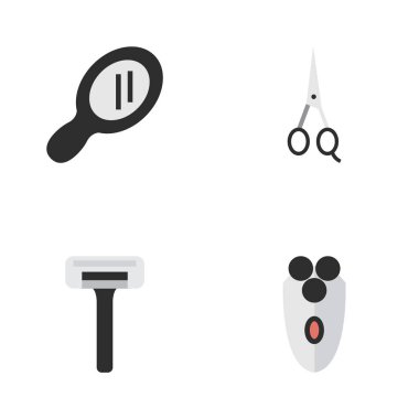 Vektör çizim basit Kuaför simgeler kümesi. Tıraş makine elemanları, cam, tıraş makinesi ve diğer eş kesme, makas ve bıçak.