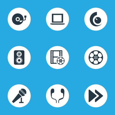 Vektör çizim basit simgeler kümesi. Öğeleri bant, kulaklık, Mike ve diğer eş anlamlı çalar, amplifikatör ve regülatör.