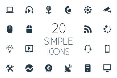 Vektör çizim basit Gadget simgeler kümesi. Yükleme, bekleyen, kablosuz bağlantı ve diğer eş anlamlı defter, öğeleri kulaklık ve Tablet.