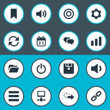 Vektör çizim basit uygulama simgeler kümesi. Öğeleri disket, hoparlör, yeniden yükle ve diğer eş anlamlı Datacenter BEGIN ve birim.