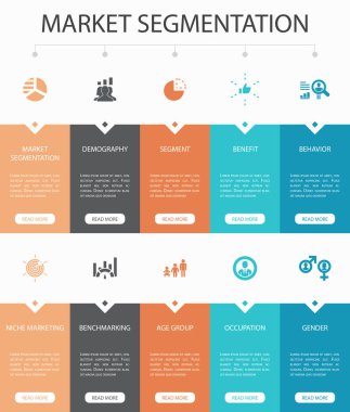 piyasa segmentasyonu Infographic 10 adım Ui tasarımı. Demografi, bölüm, Karşılaştırma, Yaş grubu simgeleri