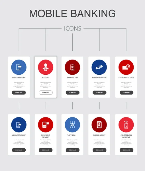 Banca móvil Infografía 10 pasos UI design.account, aplicación bancaria, transferencia de dinero, Pago móvil iconos simples — Archivo Imágenes Vectoriales