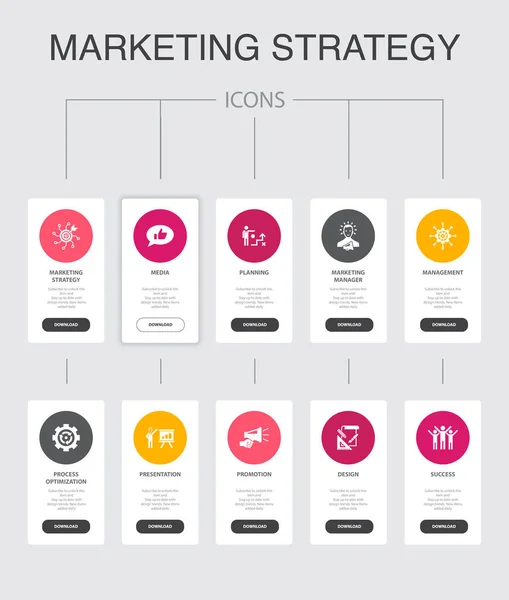 Estrategia de marketing Infografía 10 pasos UI design.planning, marketing manager, presentación, planificación de iconos simples — Vector de stock