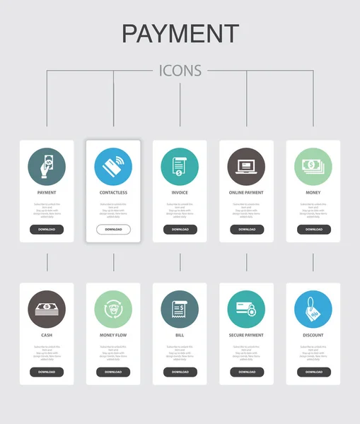 Zahlung Infografik 10 Schritte ui design.Rechnung, Geld, Rechnung, Rabatt einfache Symbole — Stockvektor