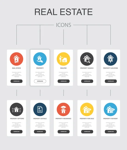Fastigheter Infographic 10 steg Ui design.Property, Realtor, läge, Fastigheter till salu enkla ikoner — Stock vektor