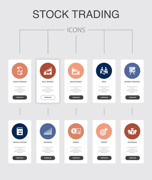 Tőzsde Infografika 10 lépések Ui design.bull piac, medve piac, éves jelentés, cél egyszerű ikonok — Stock Vector