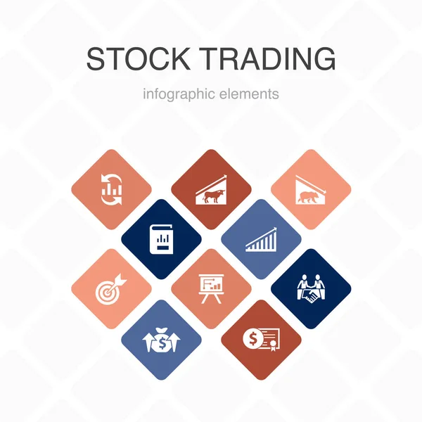 Comercio de acciones Infografía 10 diseño de color opción. mercado del toro, mercado del oso, informe anual, iconos simples objetivo — Archivo Imágenes Vectoriales