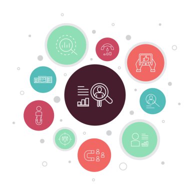 Kullanıcı davranışı Infographic 10 adım kabarcık tasarımı. Analizler, kullanıcı verileri, Performans, Kullanılabilirlik basit simgeleri