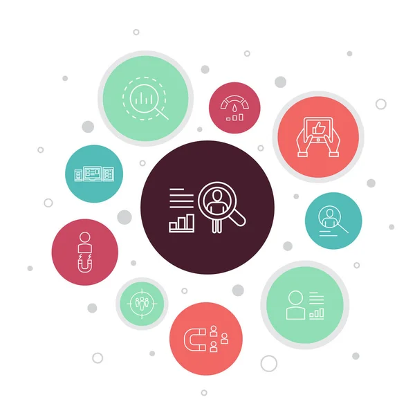 Comportamento do usuário Infográfico 10 passos bolha design.Analytics, dados do usuário, desempenho, usabilidade ícones simples —  Vetores de Stock