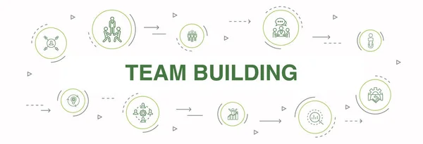 Team building Infografica 10 passi cerchio di progettazione. collaborazione, comunicazione, cooperazione, team leader icone semplici — Vettoriale Stock
