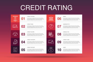 Kredi derecelendirme Infographic 10 seçenek şablonu. Kredi riski, kredi notu, iflas, Yıllık Ücret simgeleri