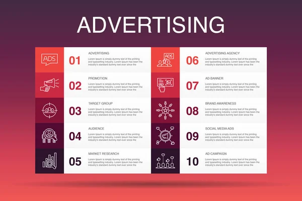 Reklam Infographic 10 alternativ mall.Marknadsundersökning, Marknadsföring, Målgrupp, Varumärke medvetenhet enkla ikoner — Stock vektor