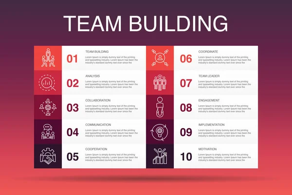 Teambuilding infographic 10 option template.collaboration, communication, cooperation, team leader simple icons — Stockvektor