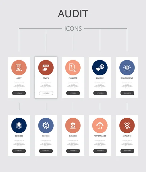 Denetim Infographic 10 adım Ui tasarımı. Gözden geçirme, standart, inceleme, basit simgeleri işleme — Stok Vektör