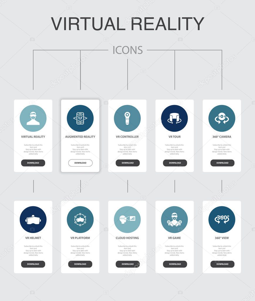 virtual reality Infographic 10 steps UI design.VR helmet, Augmented reality, 360 view, VR controller simple icons