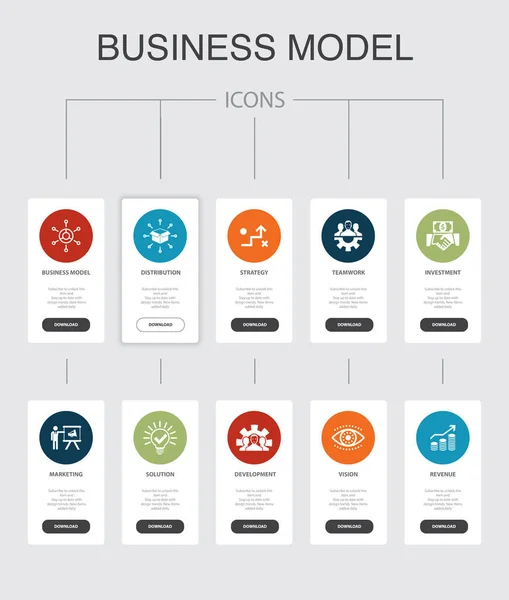 Modelo de negócio Infográfico 10 passos UI design.strategy, trabalho em equipe, marketing, ícones simples solução — Vetor de Stock