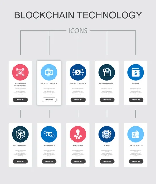 stock vector blockchain technology Infographic 10 steps UI design.cryptocurrency, digital currency, smart contract, transaction simple icons