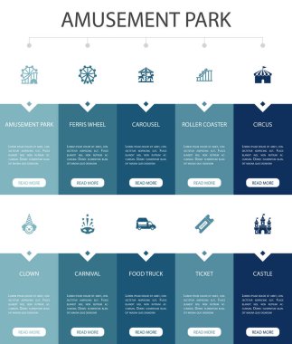 Lunapark Infographic 10 Ui tasarımı. Dönme dolap, Atlıkarınca, lunapark treni, basit karnaval simgeleri.