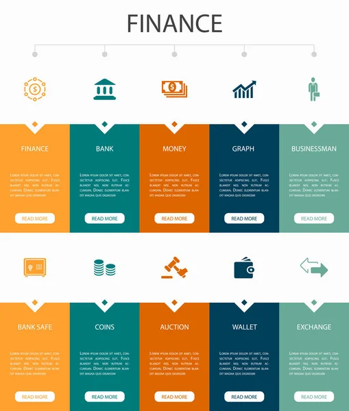 Finance Infographic 10 varianta Ui design.Bank, Peníze, Graf, Exchange jednoduché ikony — Stockový vektor