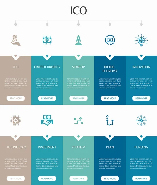 ICO Infografía 10 opciones UI design.cryptocurrency, startup, economía digital, tecnología iconos simples — Archivo Imágenes Vectoriales