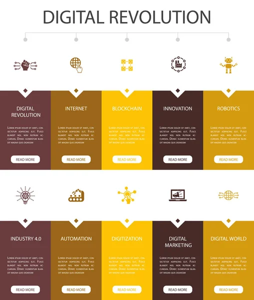 Revolución digital Infografía 10 opciones UI design.internet, blockchain, innovación, industria 4.0 iconos simples — Archivo Imágenes Vectoriales