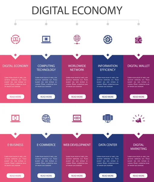 Digitalwirtschaft Infografik 10 Option ui design.computing technology, e-business, e-commerce, Rechenzentrum einfache Symbole — Stockvektor