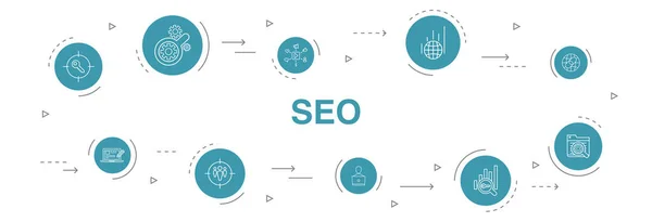 Seo Infographic 10 stappen cirkel ontwerp.Zoekmachine, Doel zoekwoorden, Web analytics, Seo monitoring eenvoudige pictogrammen — Stockvector