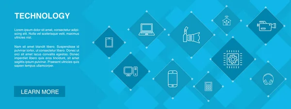 Banner de tecnología 10 iconos concept.smart casa, cámara de fotos, Tablet PC, Smartphone iconos simples — Archivo Imágenes Vectoriales