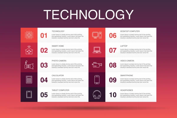 Technologie-Infografik 10 Optionsvorlage. Smart Home, Fotokamera, Tablet-Computer, Smartphone einfache Symbole — Stockvektor