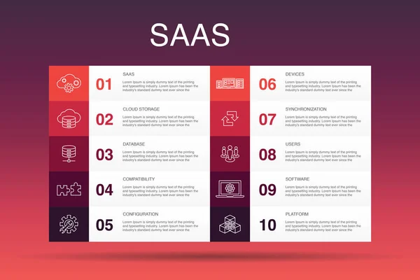 SaaS infographic 10 옵션 템플릿. 클라우드 스토리지, 구성, 소프트웨어, 데이터베이스 단순 아이콘 — 스톡 벡터