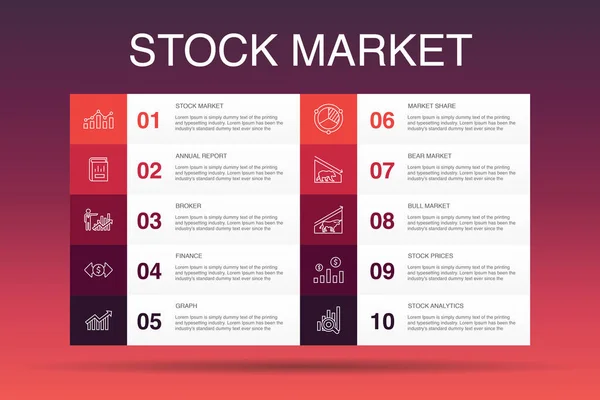 股票市场Infographic 10选项模板。 经纪、金融、图表、市场份额等简单图标 — 图库矢量图片