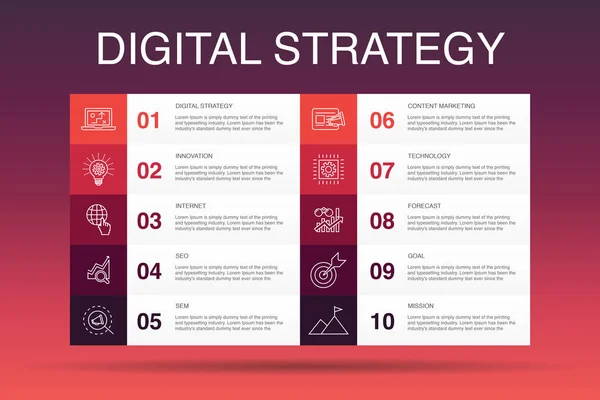 デジタル戦略インフォグラフィック10オプションテンプレート。インターネット、ソ、コンテンツマーケティング、ミッションシンプルなアイコン — ストックベクタ
