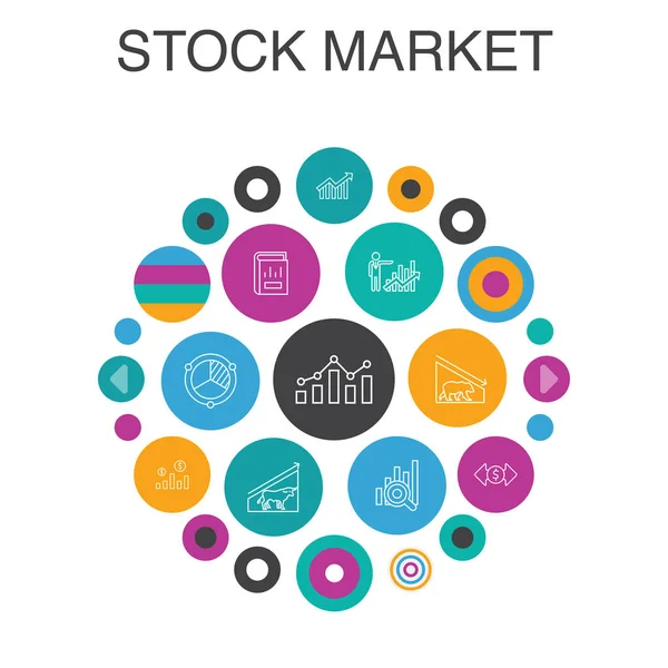 Tőzsde Infografikai kör koncepció. Intelligens Ui elemek Bróker, pénzügy, grafikon, piaci részesedés — Stock Vector