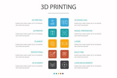 3d yazdırma Infographic 10 seçeneği konsepti. 3d yazıcı, filament, prototip, model hazırlama simgeleri basit