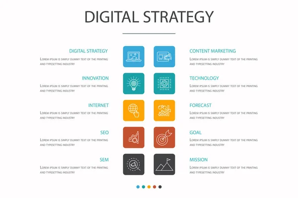 Estratégia digital Infográfico 10 conceito de opção. internet, SEO, marketing de conteúdo, missão ícones simples —  Vetores de Stock